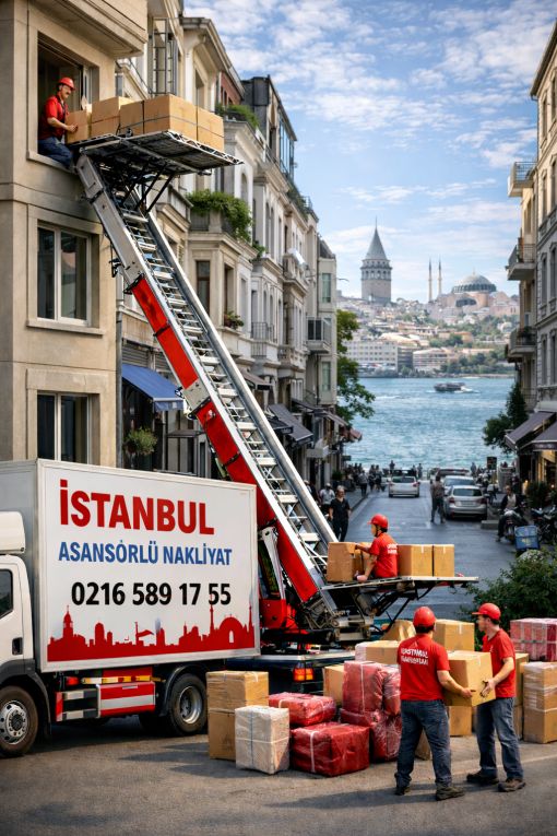  İstanbul’un gerçek sokak atmosferinde çekilmiş hissi veren bu görselde, asansörlü nakliyat hizmeti modern ekipmanlarla güvenli ve hızlı şekilde gerçekleştiriliyor. Profesyonel ekip, eşyaları bina dışından özel asansör sistemiyle üst katlara taşıyarak hem zamandan tasarruf sağlıyor hem de güvenliği ön planda tutuyor.
